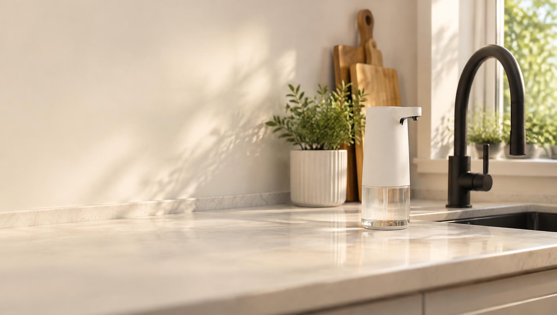 Touchless soap dispenser on a sunlit kitchen counter